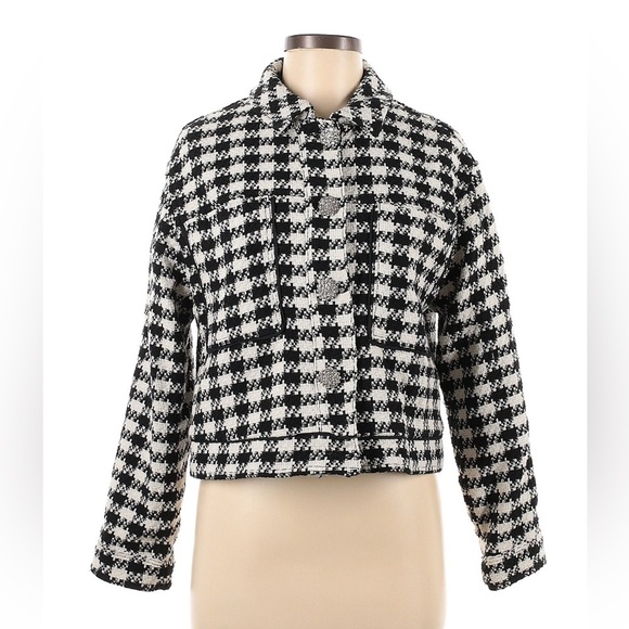 NWT Zara Houndstooth Tweed Wool Blend Blazer Jacket M Jewel Button Fall Workwear - Picture 6 of 9